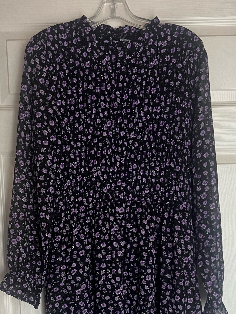 H&M Divided Black Long-Sleeve Smocked Dress with Purple Floral Print - NWOT